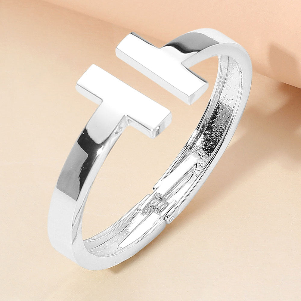 Madeline Love Silver Metal T Tip Hinged Bangle Cuff Bracelet - Bracelets