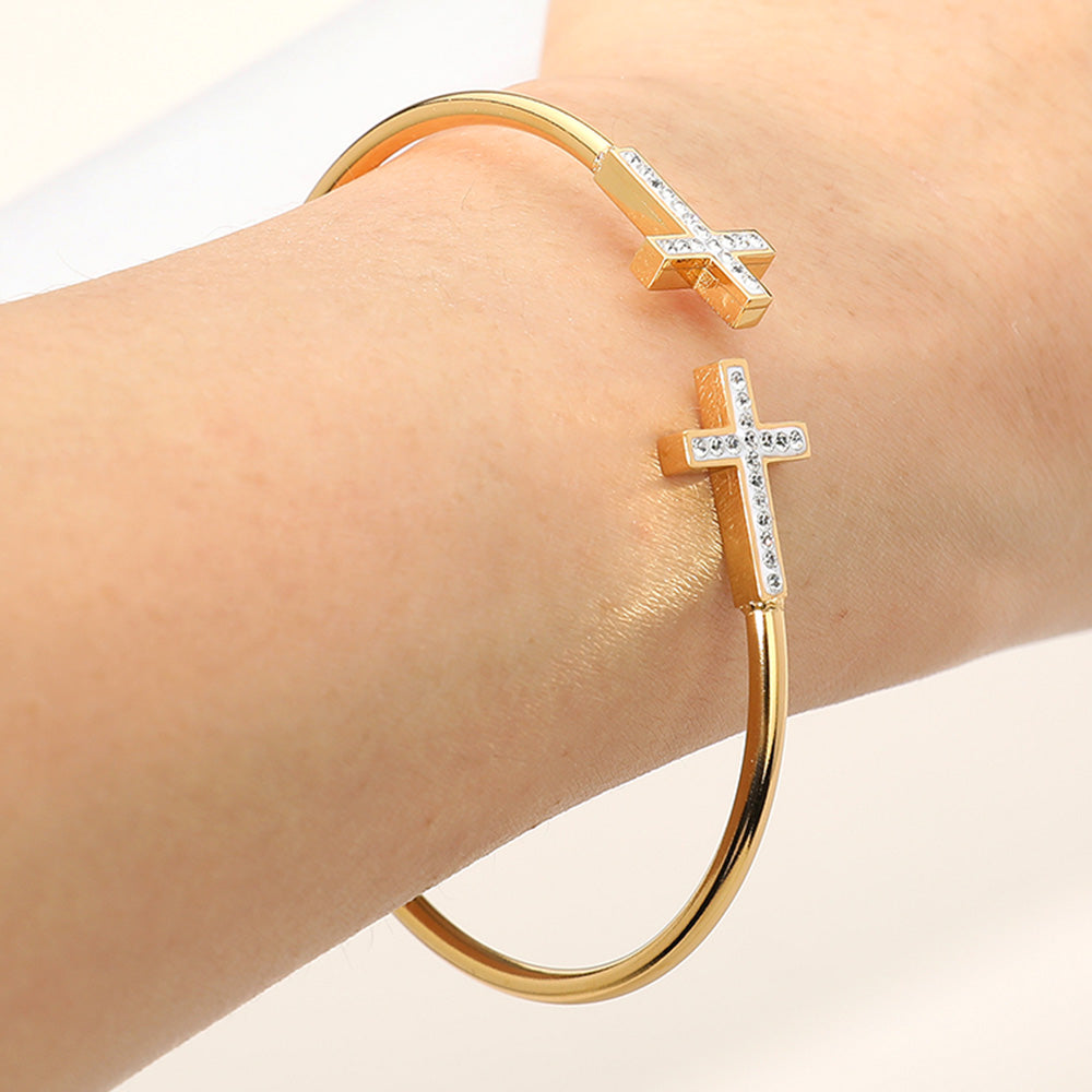 Madeline Love Gold Stainless Steel Stone Paved Cross Tip Cuff Bracelet - Jewelry