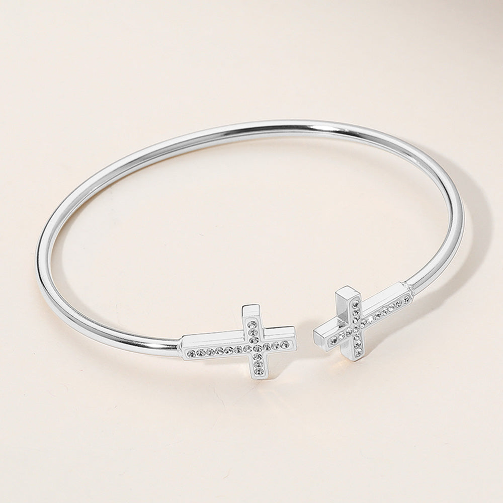 Madeline Love Silver Stainless Steel Stone Paved Cross Tip Cuff Bracelet - Jewelry