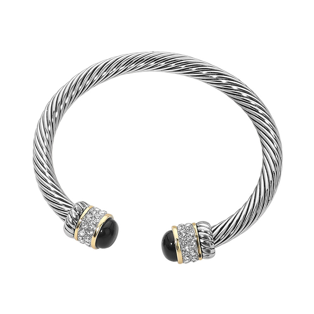 Madeline Love Black CZ Pave Stone Tip Twisted Cable Cuff Bracelet - Hair Accessories - desc