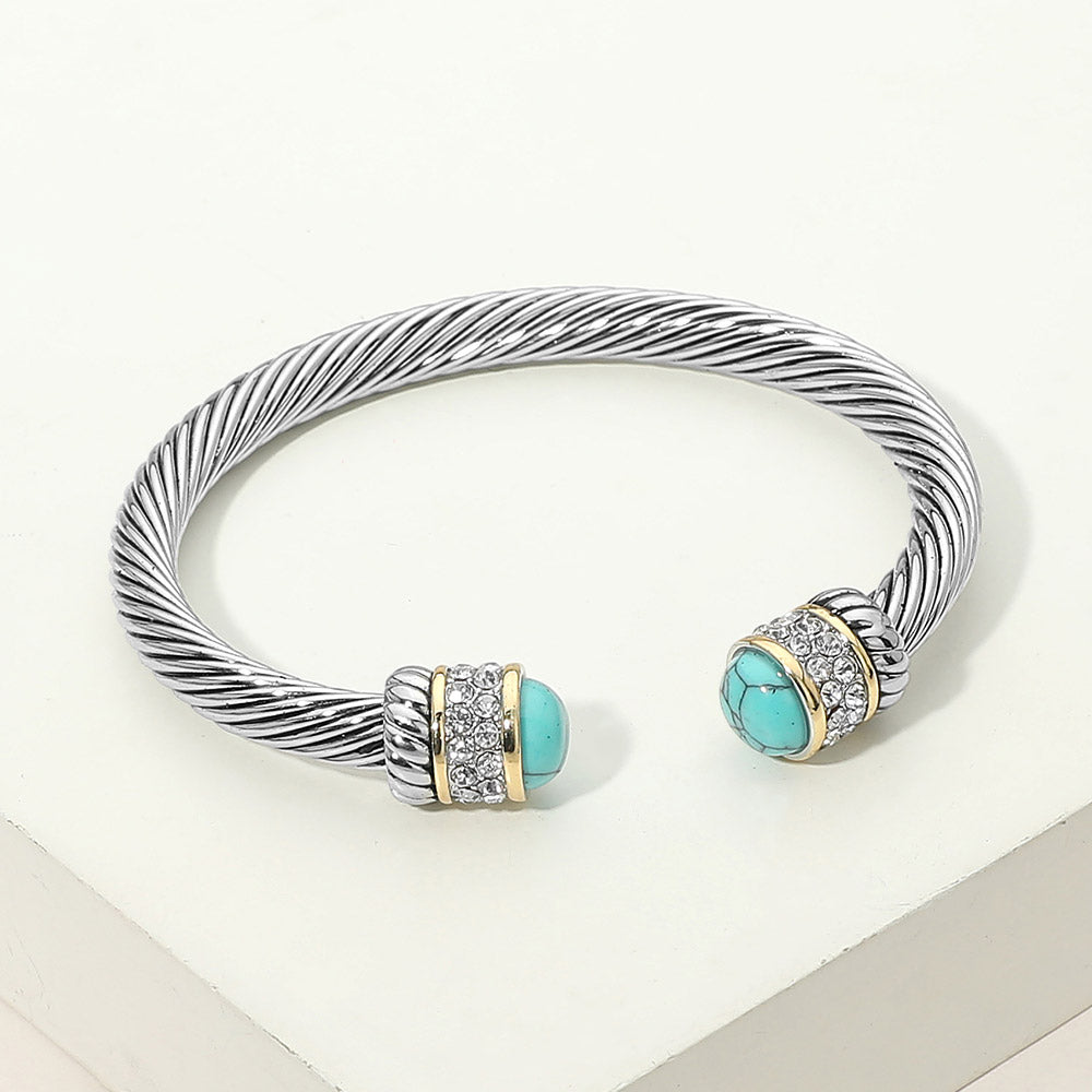 Madeline Love Turquoise CZ Pave Stone Tip Twisted Cable Cuff Bracelet - Hair Accessories