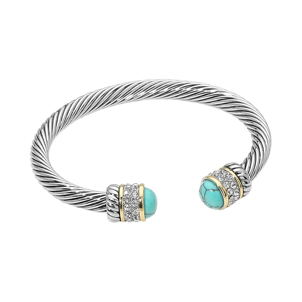 Madeline Love Turquoise CZ Pave Stone Tip Twisted Cable Cuff Bracelet - Hair Accessories - desc