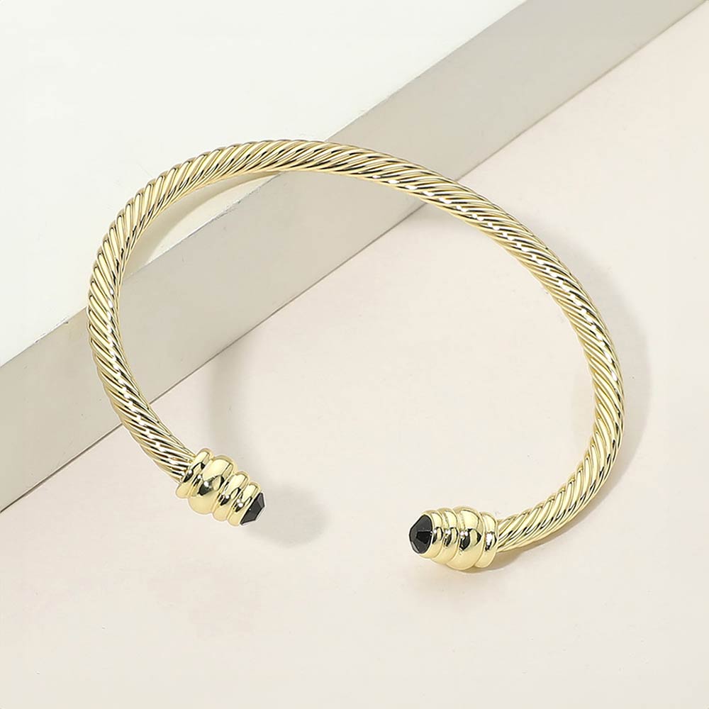 Madeline Love Black, Gold 14K Gold Plated CZ Stone Tip Twisted Cable Cuff Bracelet - Hair Accessories
