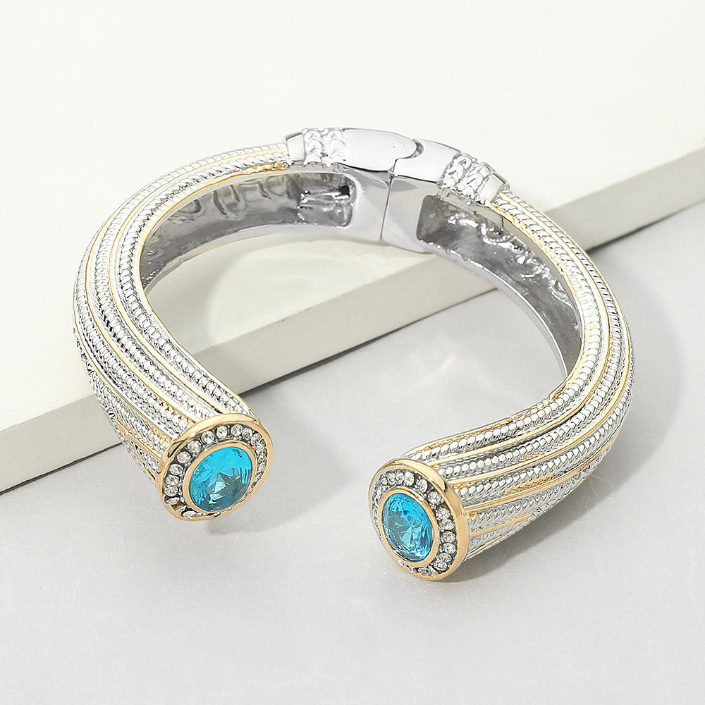 Madeline Love Aqua Chunky Round CZ Tip Accent Textured Hinged Cuff Bracelet