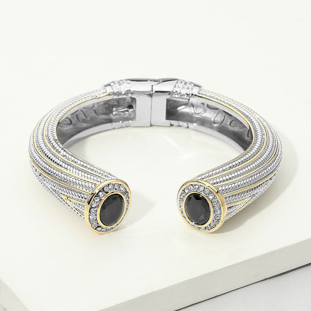 Madeline Love Black Chunky Round CZ Tip Accent Textured Hinged Cuff Bracelet