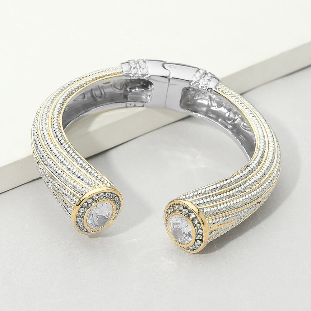 Madeline Love Clear Chunky Round CZ Tip Accent Textured Hinged Cuff Bracelet