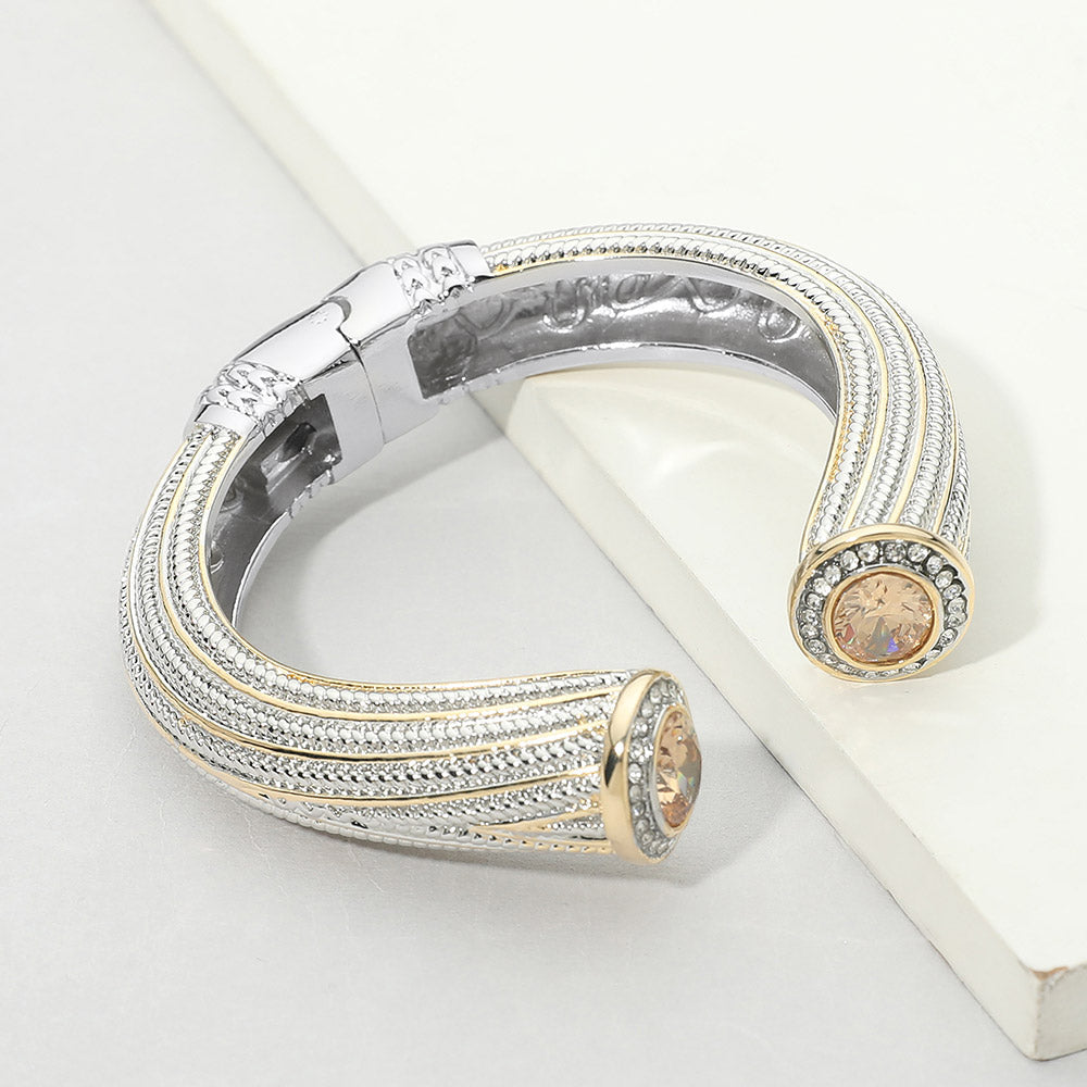 Madeline Love Topaz Chunky Round CZ Tip Accent Textured Hinged Cuff Bracelet