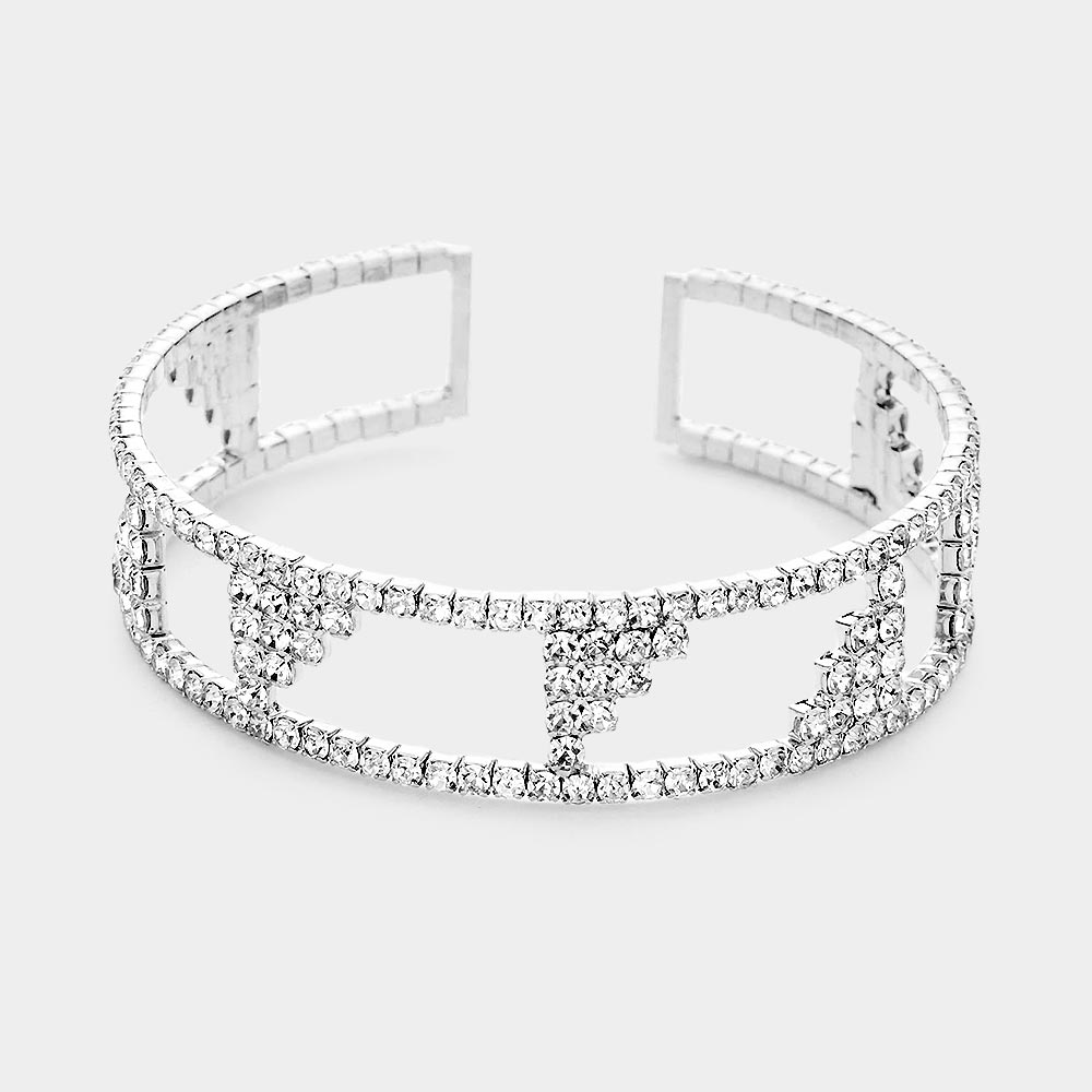 Madeline Love Silver Abstract Rhinestone Pave Accented Cuff Bracelet