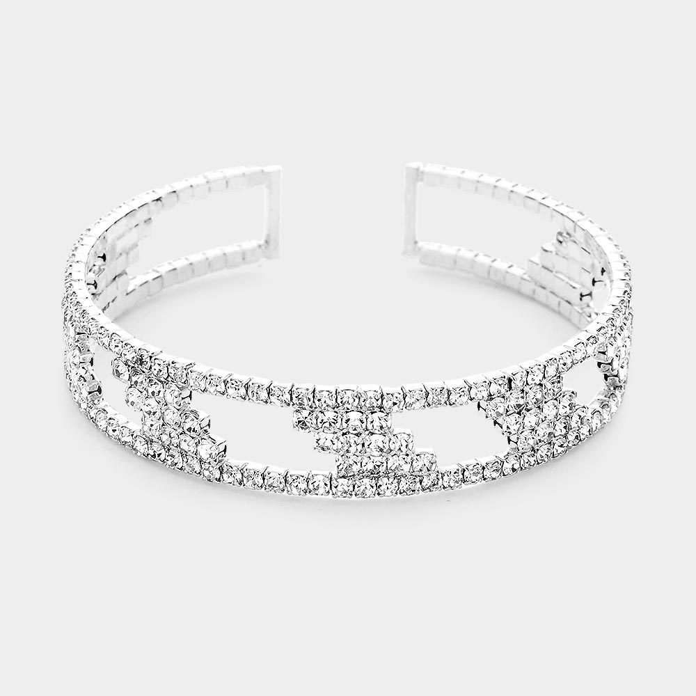 Madeline Love Silver Abstract Rhinestone Pave Accented Cuff Bracelet