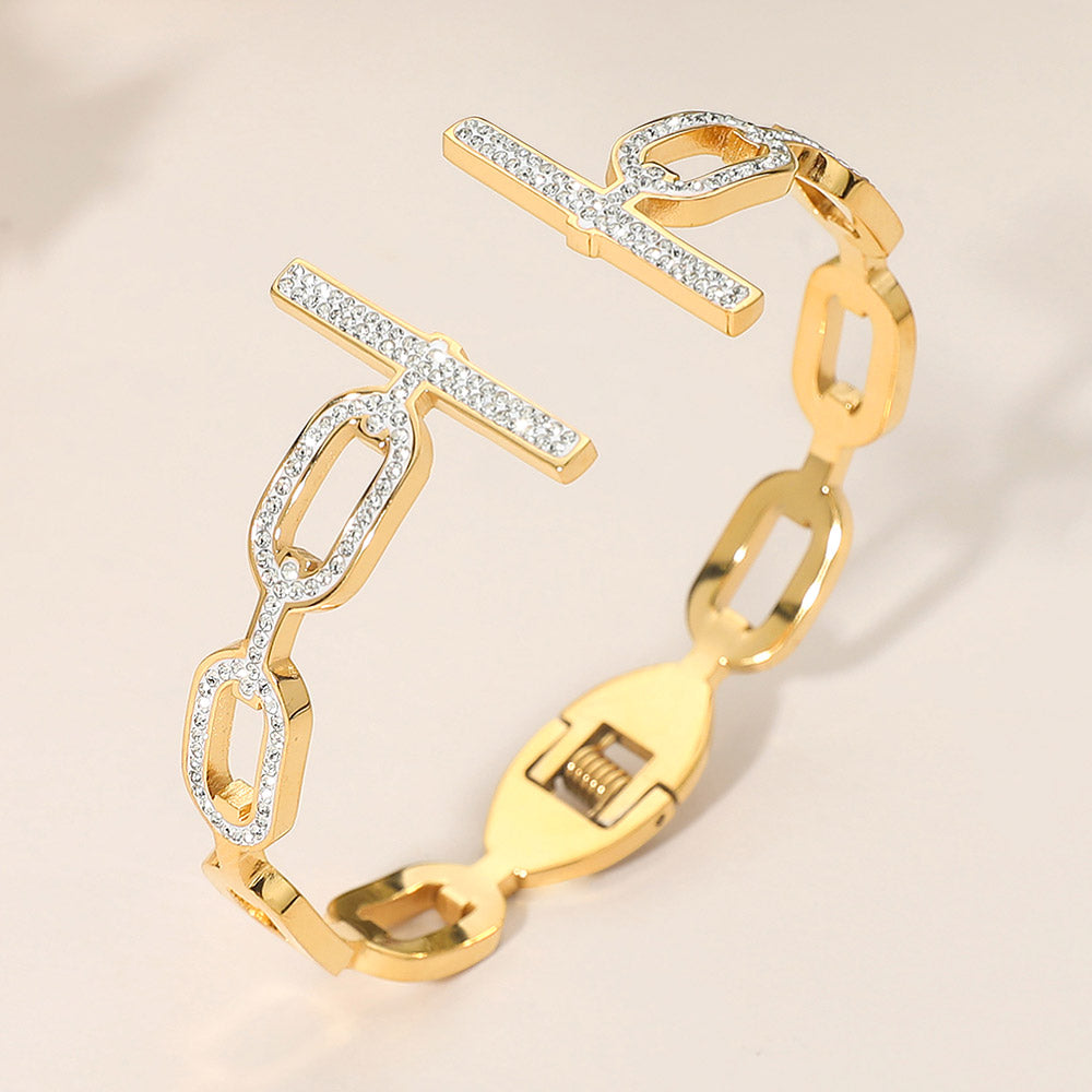 Madeline Love Gold Stainless Steel Bold Rhinestone Pave Bar Tip Oval Link Hinged Cuff Bracelet