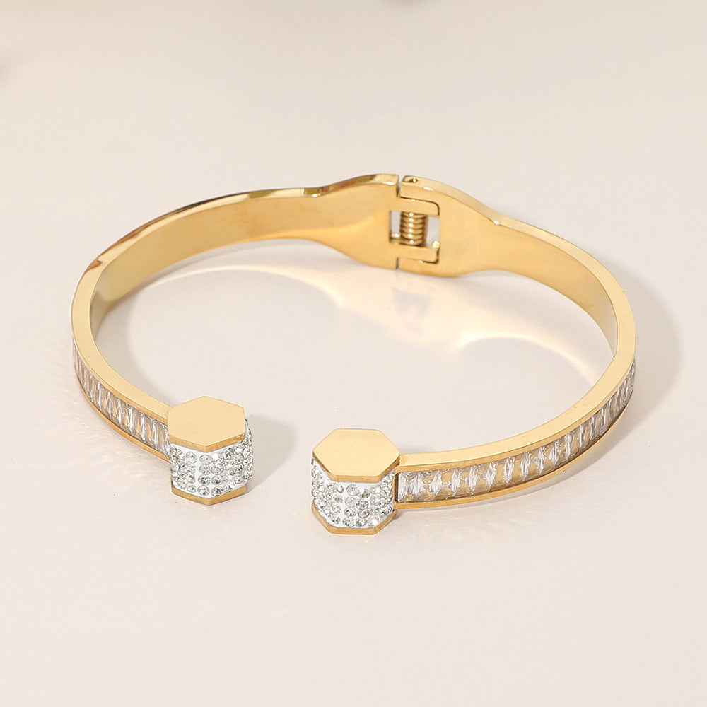 Madeline Love Gold Stainless Steel Geometric Rhinestone Pave Hinged Cuff Bracelet