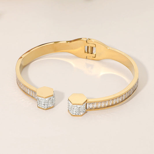Madeline Love Gold Stainless Steel Geometric Rhinestone Pave Hinged Cuff Bracelet