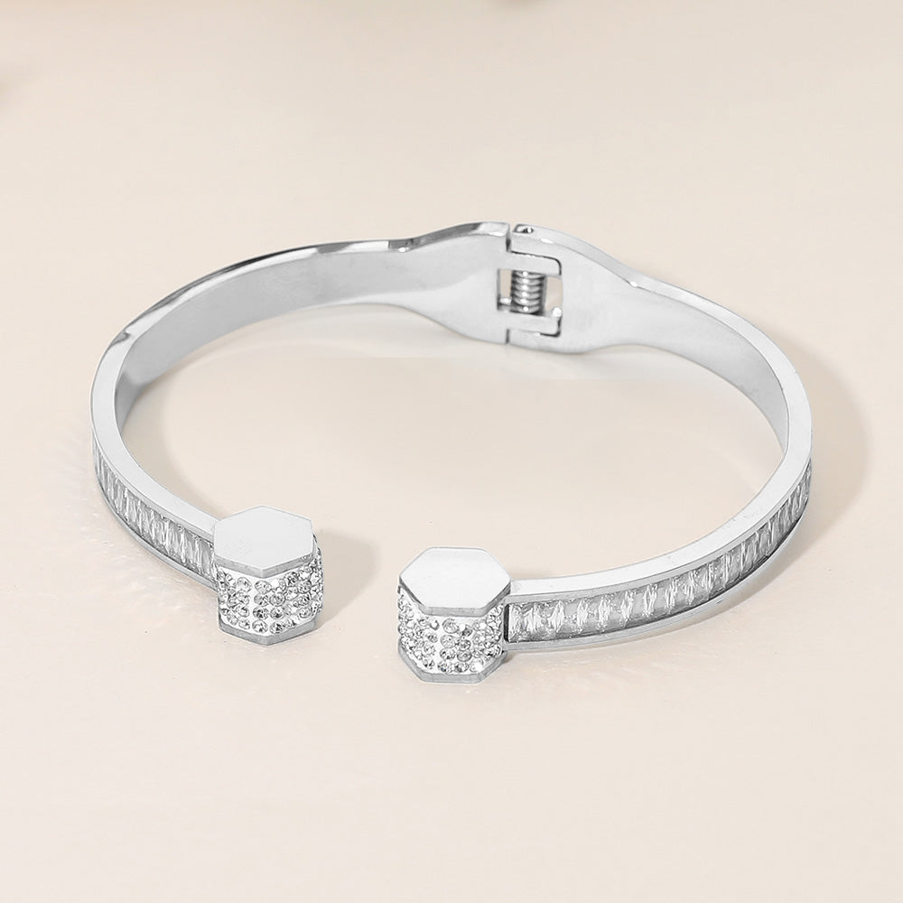 Madeline Love Rhodium Stainless Steel Geometric Rhinestone Pave Hinged Cuff Bracelet