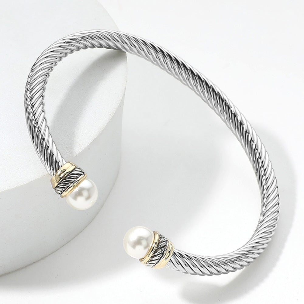 Madeline Love Two Tone 14K Gold Plated Pearl Tip Two Tone Twisted Metal Cuff Bracelet - Hair Accessories