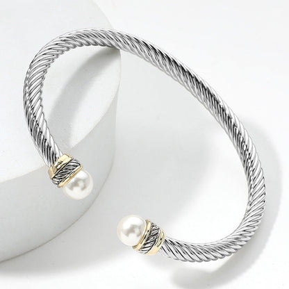 Madeline Love Two Tone 14K Gold Plated Pearl Tip Two Tone Twisted Metal Cuff Bracelet - Hair Accessories