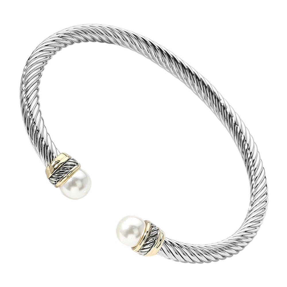 Madeline Love Two Tone 14K Gold Plated Pearl Tip Two Tone Twisted Metal Cuff Bracelet - Hair Accessories - desc