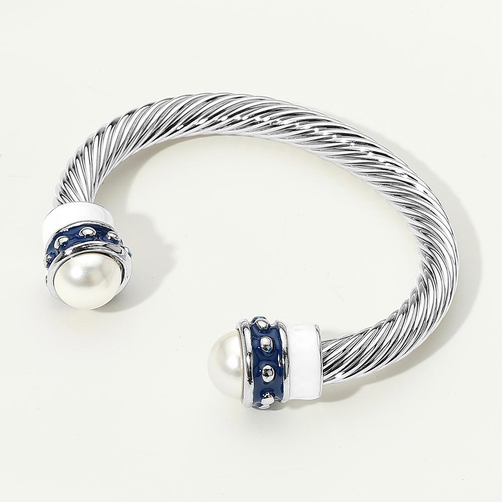 Madeline Love Blue, White Pearl Tip Enamel Two Tone Cuff Bracelet - Bracelets