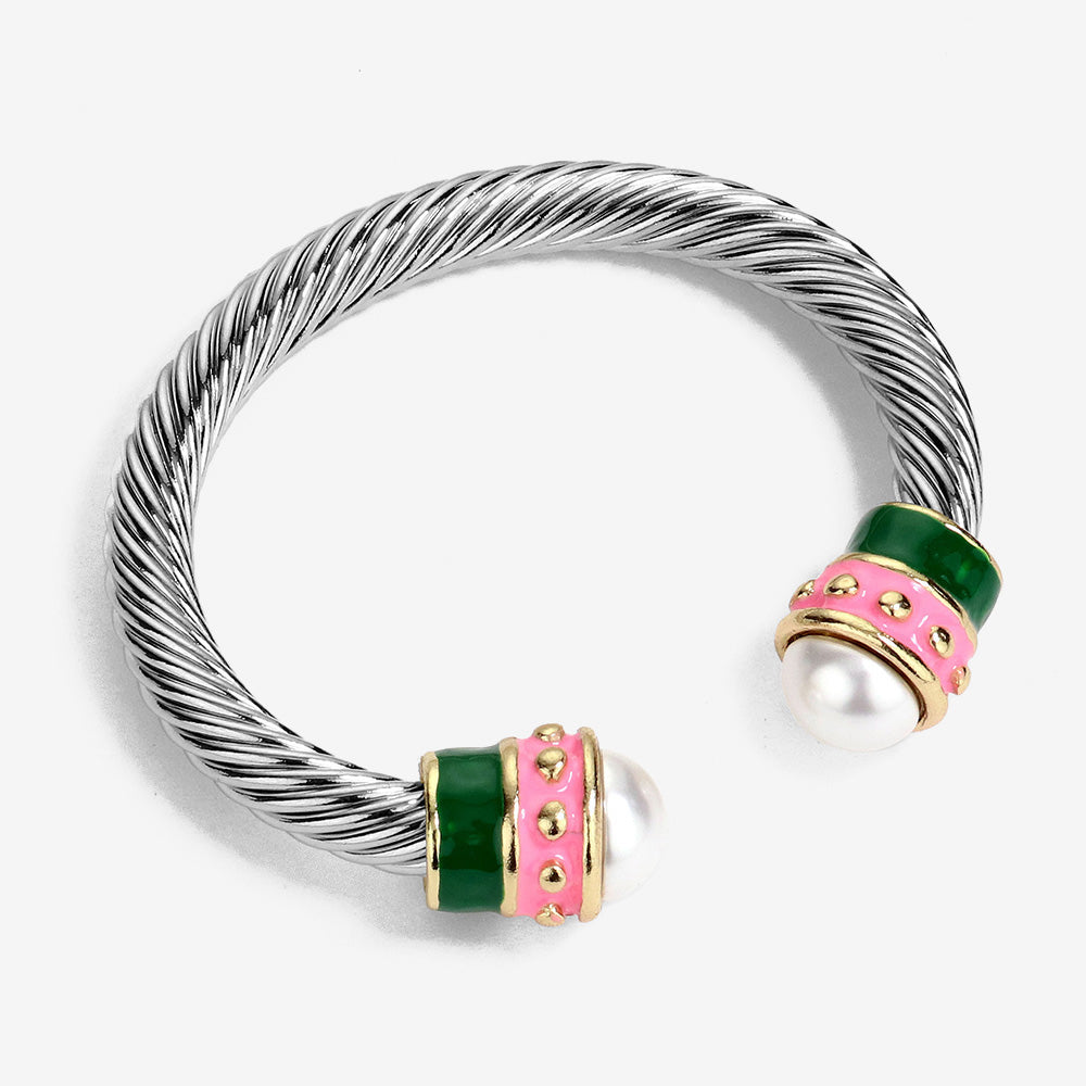 Madeline Love Pink&Green Pearl Tip Enamel Two Tone Cuff Bracelet - Bracelets