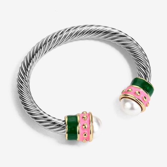 Madeline Love Pink&Green Pearl Tip Enamel Two Tone Cuff Bracelet - Bracelets