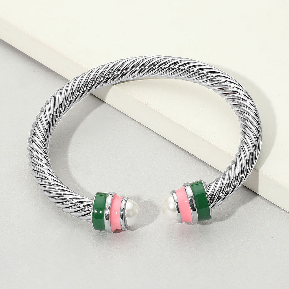 Madeline Love Pink&Green, Silver Pearl Tip Enamel Cuff Bracelet - Jewelry