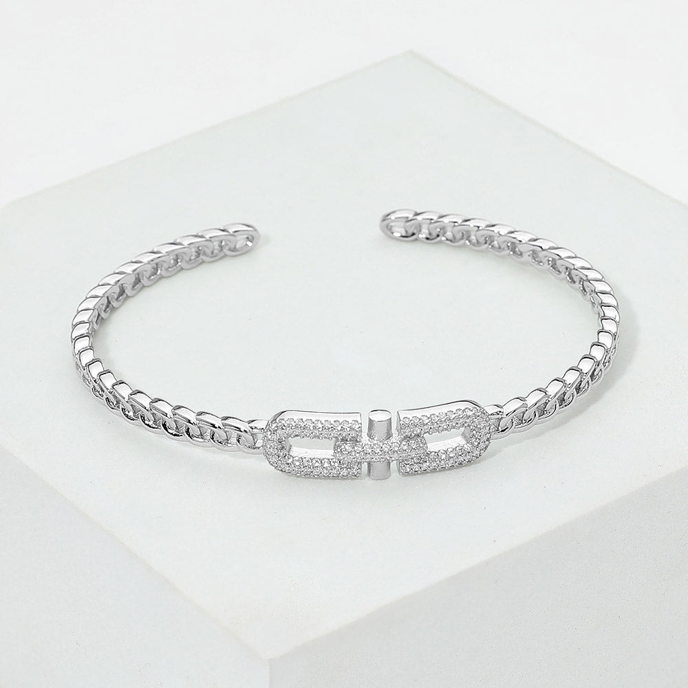 Madeline Love Rhodium 14K Gold Plated CZ Pave Buckle Accent Chain Link Cuff Bracelet