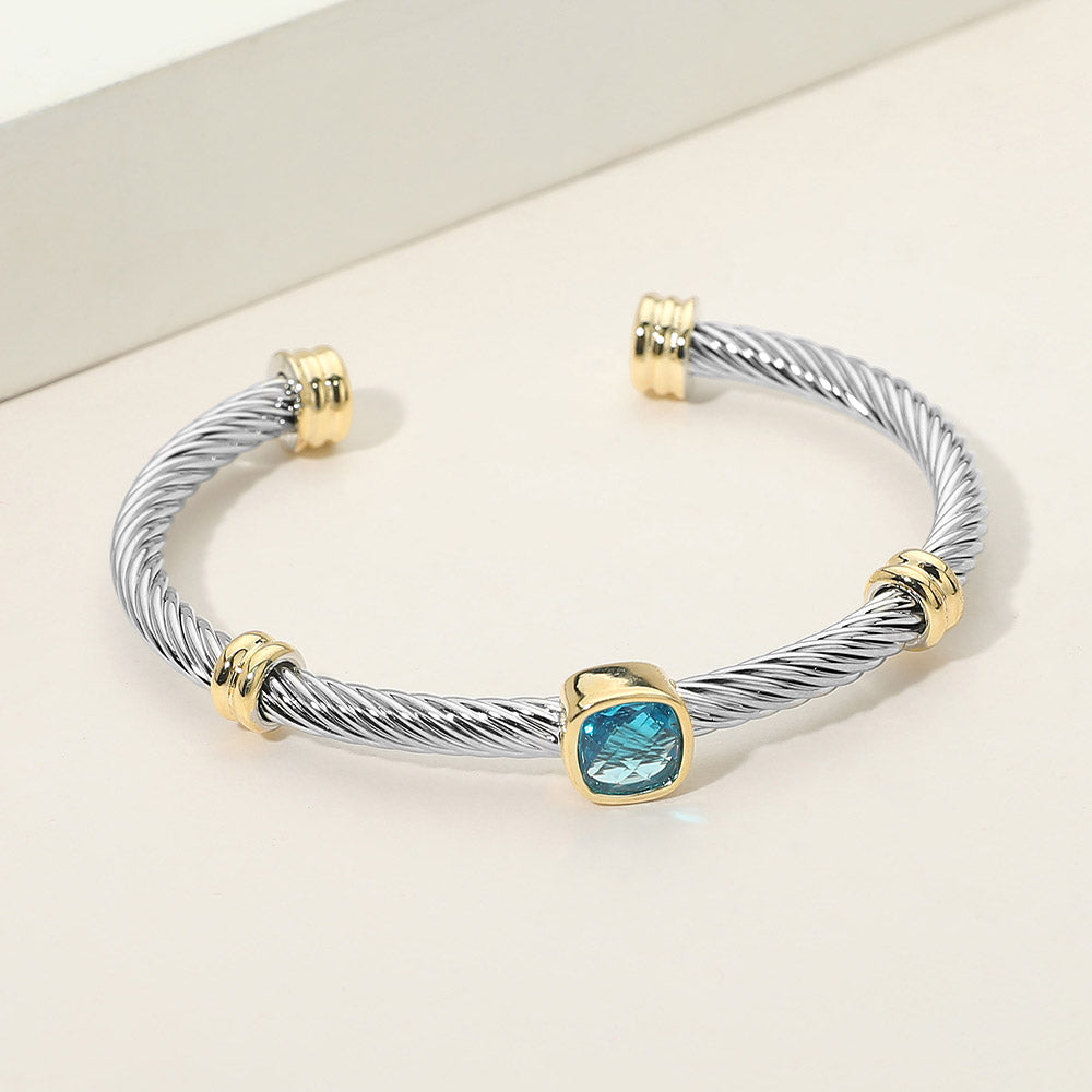 Madeline Love Aqua Square Stone Bezel Accent Two Tone Twisted Cable Cuff Bracelet - Jewelry