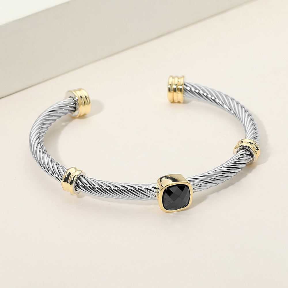 Madeline Love Black Square Stone Bezel Accent Two Tone Twisted Cable Cuff Bracelet - Jewelry