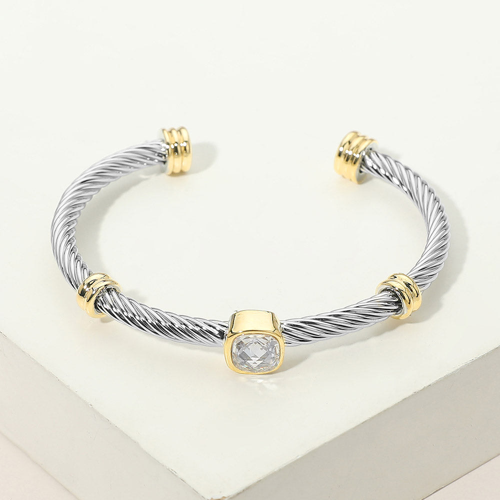 Madeline Love Clear Square Stone Bezel Accent Two Tone Twisted Cable Cuff Bracelet - Jewelry