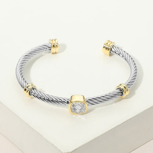 Madeline Love Clear Square Stone Bezel Accent Two Tone Twisted Cable Cuff Bracelet - Jewelry