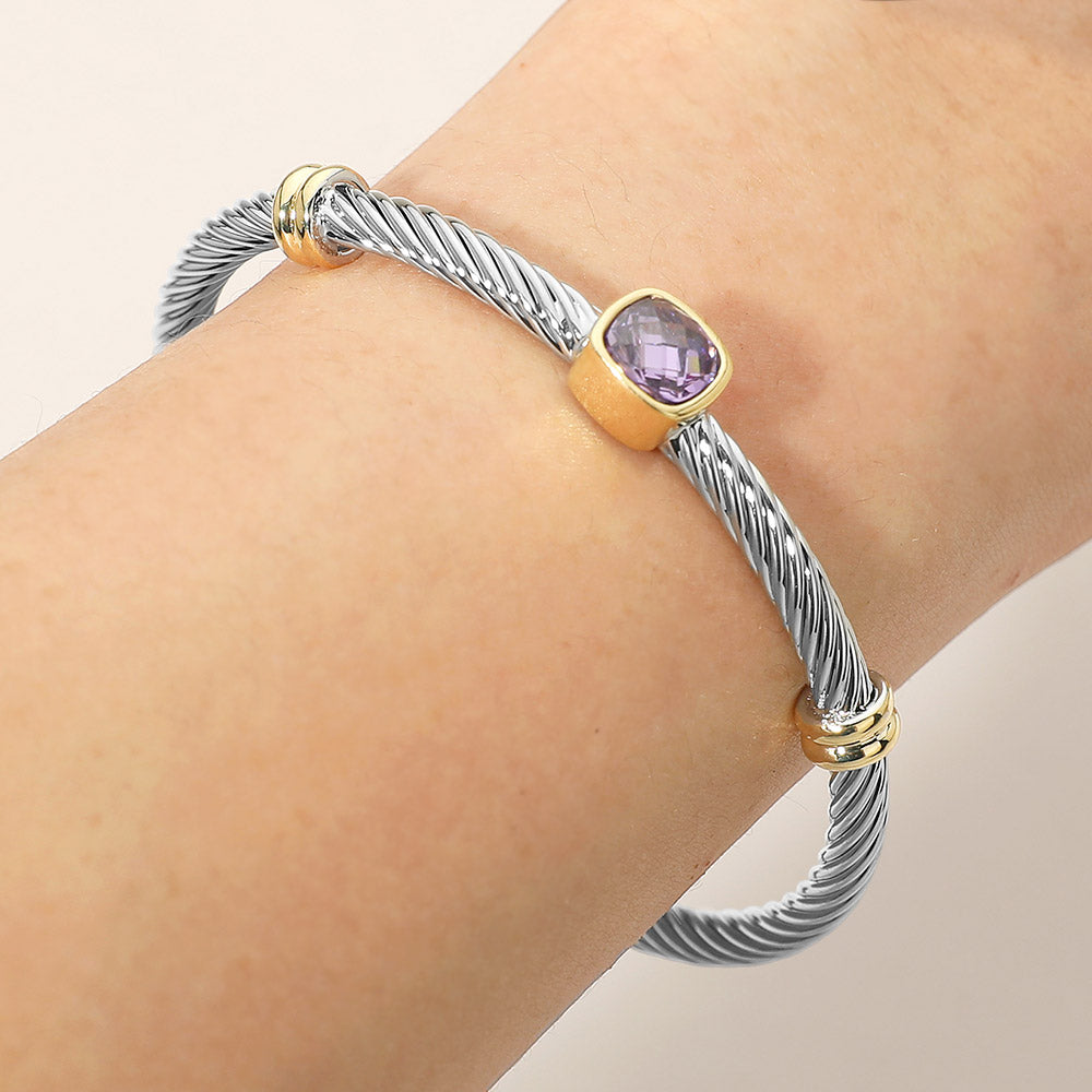 Madeline Love Purple Square Stone Bezel Accent Two Tone Twisted Cable Cuff Bracelet - Jewelry