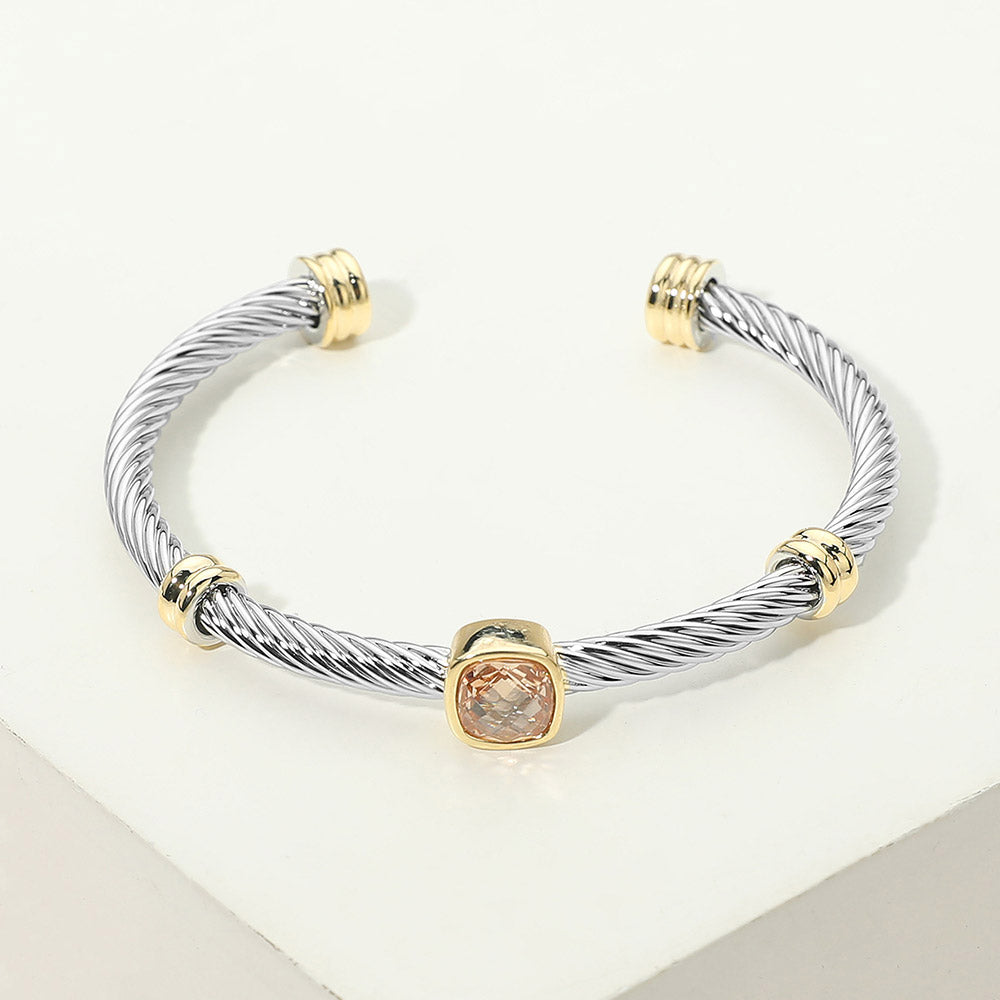 Madeline Love Topaz Square Stone Bezel Accent Two Tone Twisted Cable Cuff Bracelet - Jewelry