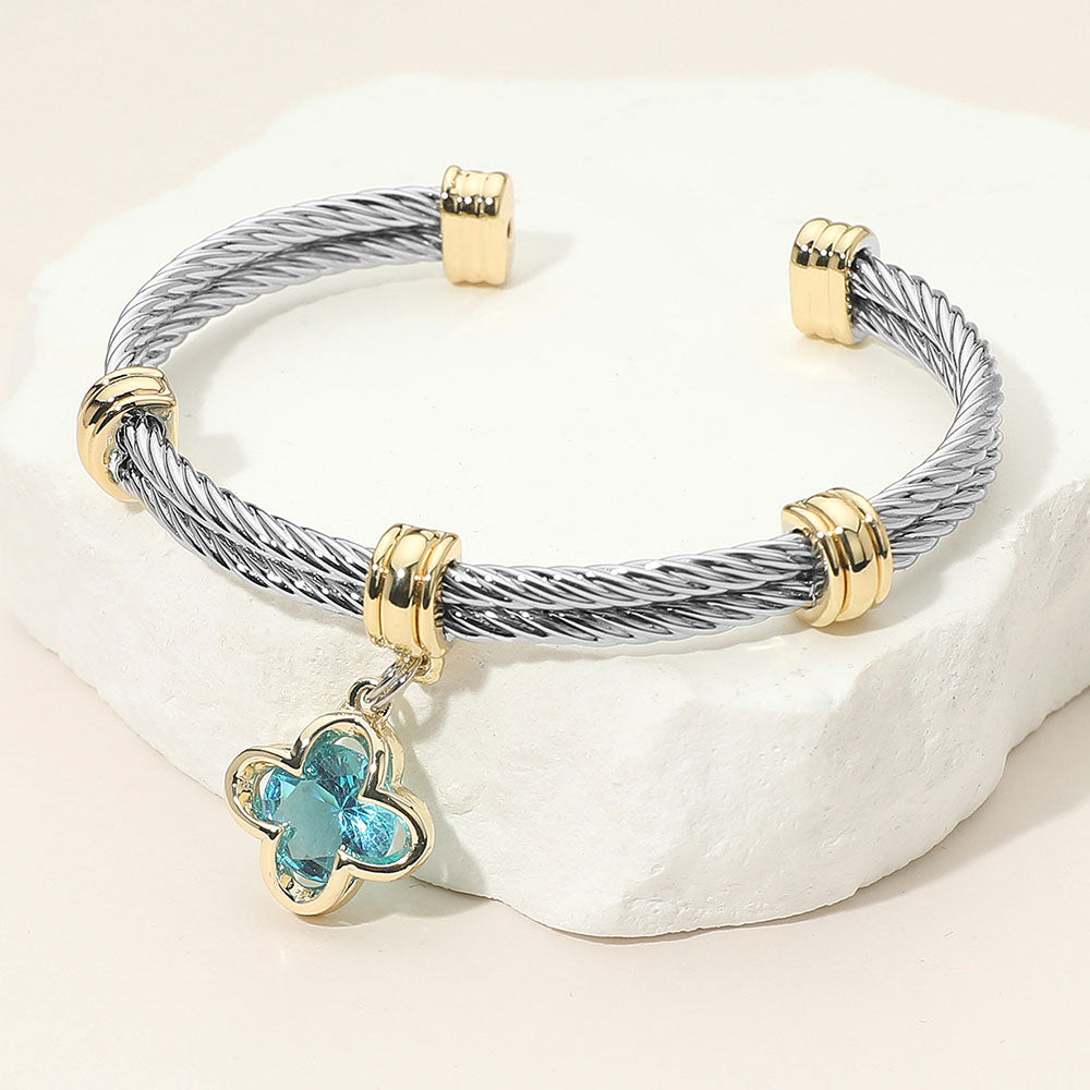 Madeline Love Blue, Two Tone CZ Stone Quatrefoil Charm Dangle Cuff Bracelet - Jewelry