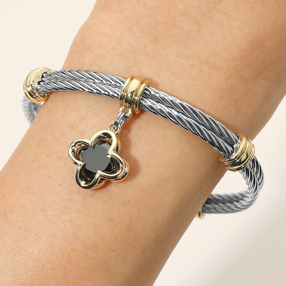 Madeline Love Jet Black, Two Tone CZ Stone Quatrefoil Charm Dangle Cuff Bracelet - Jewelry