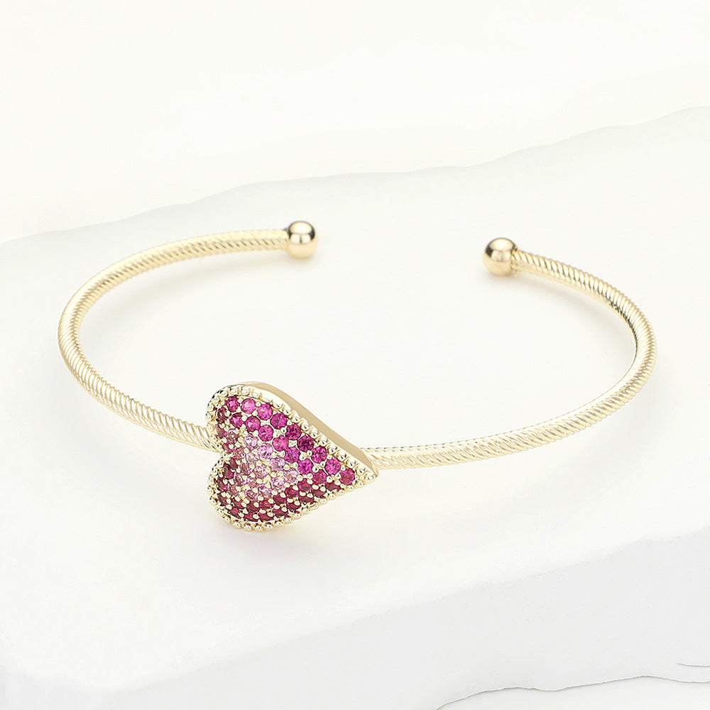 Madeline Love Gold, Pink CZ Stone Paved Heart Pointed Cuff Bracelet - Hair Accessories