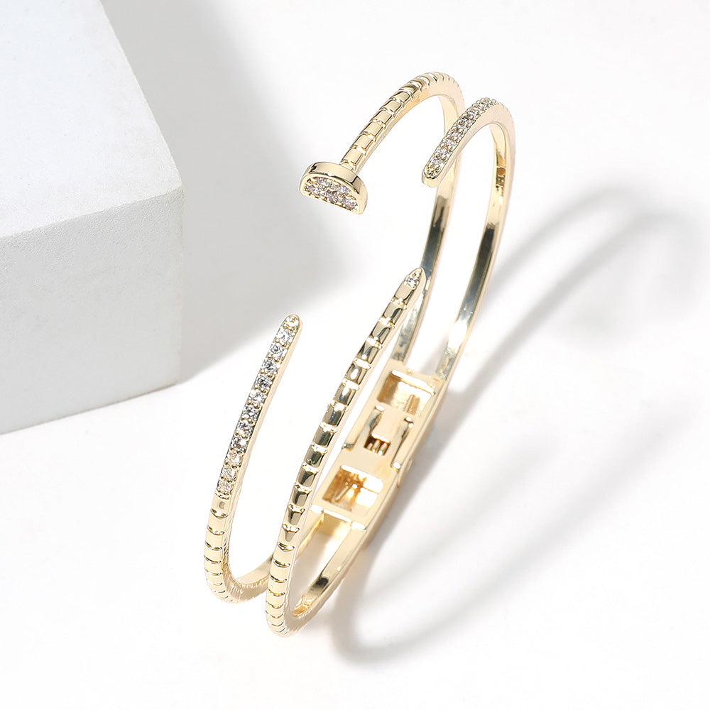 Madeline Love Gold 14K Gold Plated CZ Stone Paved Split Nail Head Tip Hinged Cuff Bracelet