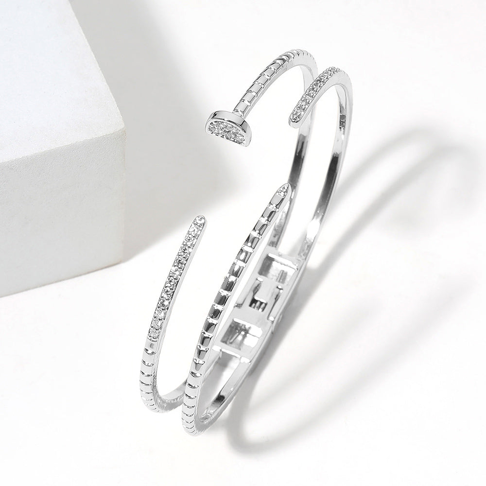 Madeline Love Rhodium 14K Gold Plated CZ Stone Paved Split Nail Head Tip Hinged Cuff Bracelet