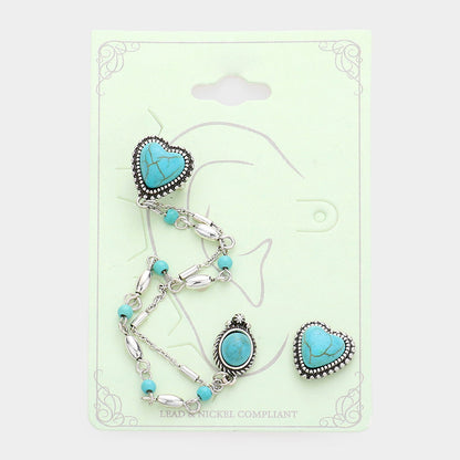 2PCS - Natural Stone Embellished Heart Ear Cuff Earrings