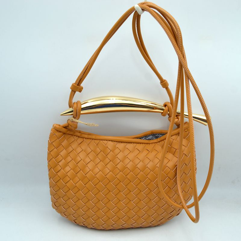 Woven Pattern Crossbody Bag with Metallic Handle - Brown - Crossbody Bags