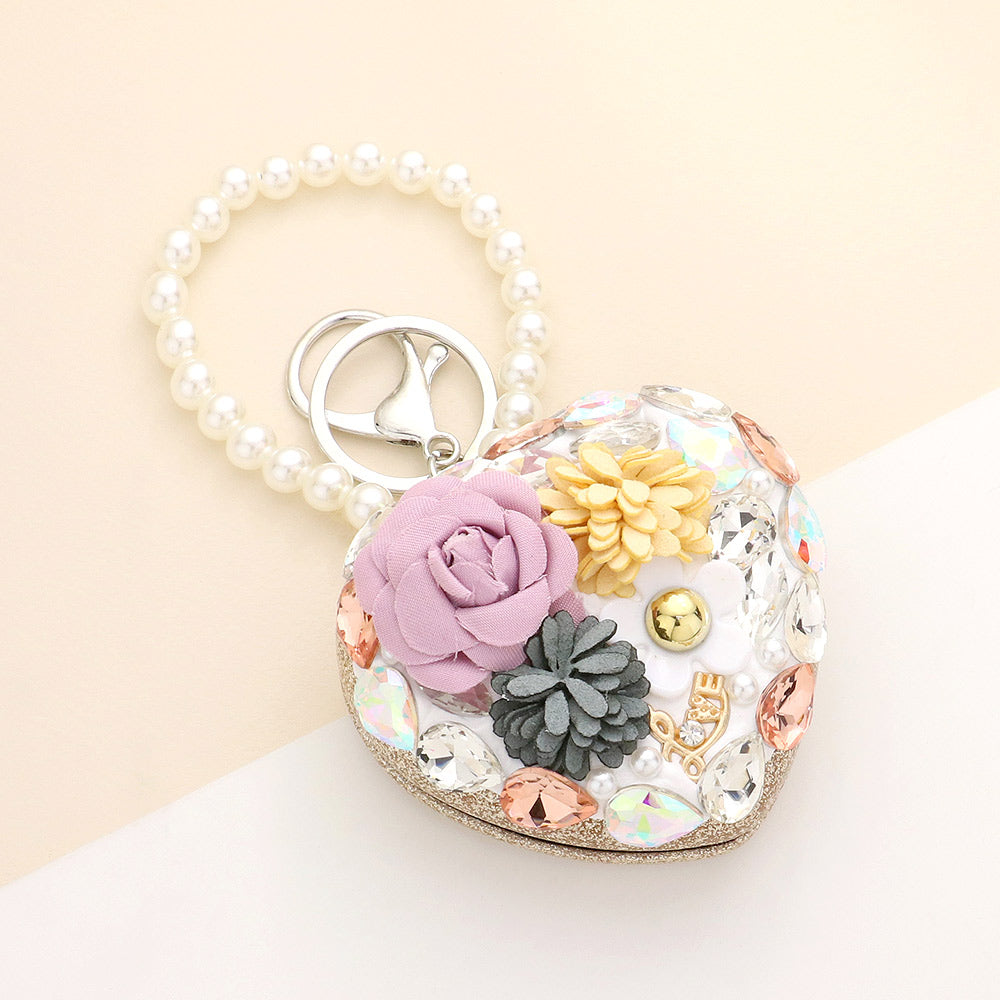 Madeline Love White Floral Pearl Multi Bead Embellished Heart Compact Mirror / Keychain - Bags & Wallets