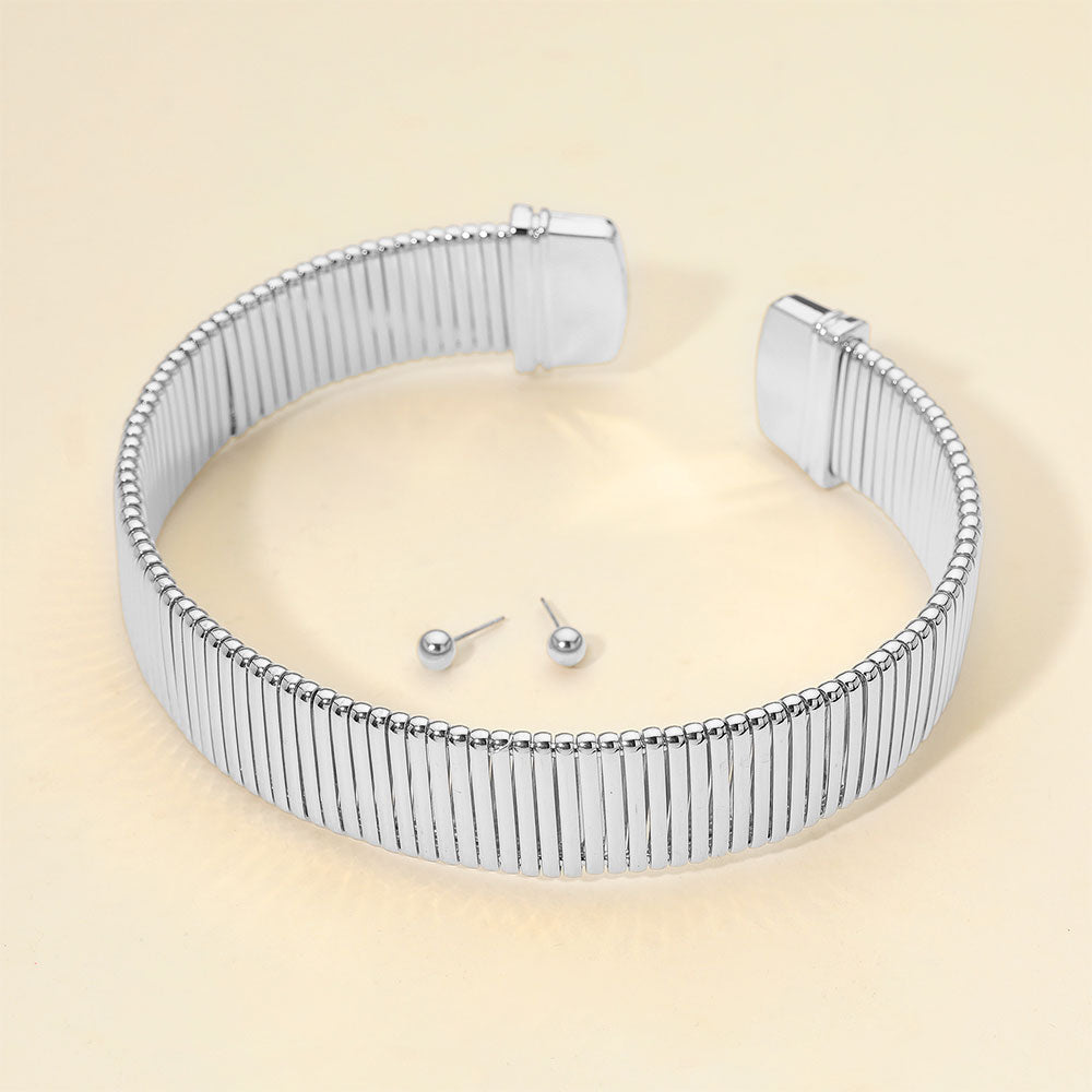Madeline Love Rhodium Wide Metal Ribbed Choker Necklace - Necklaces