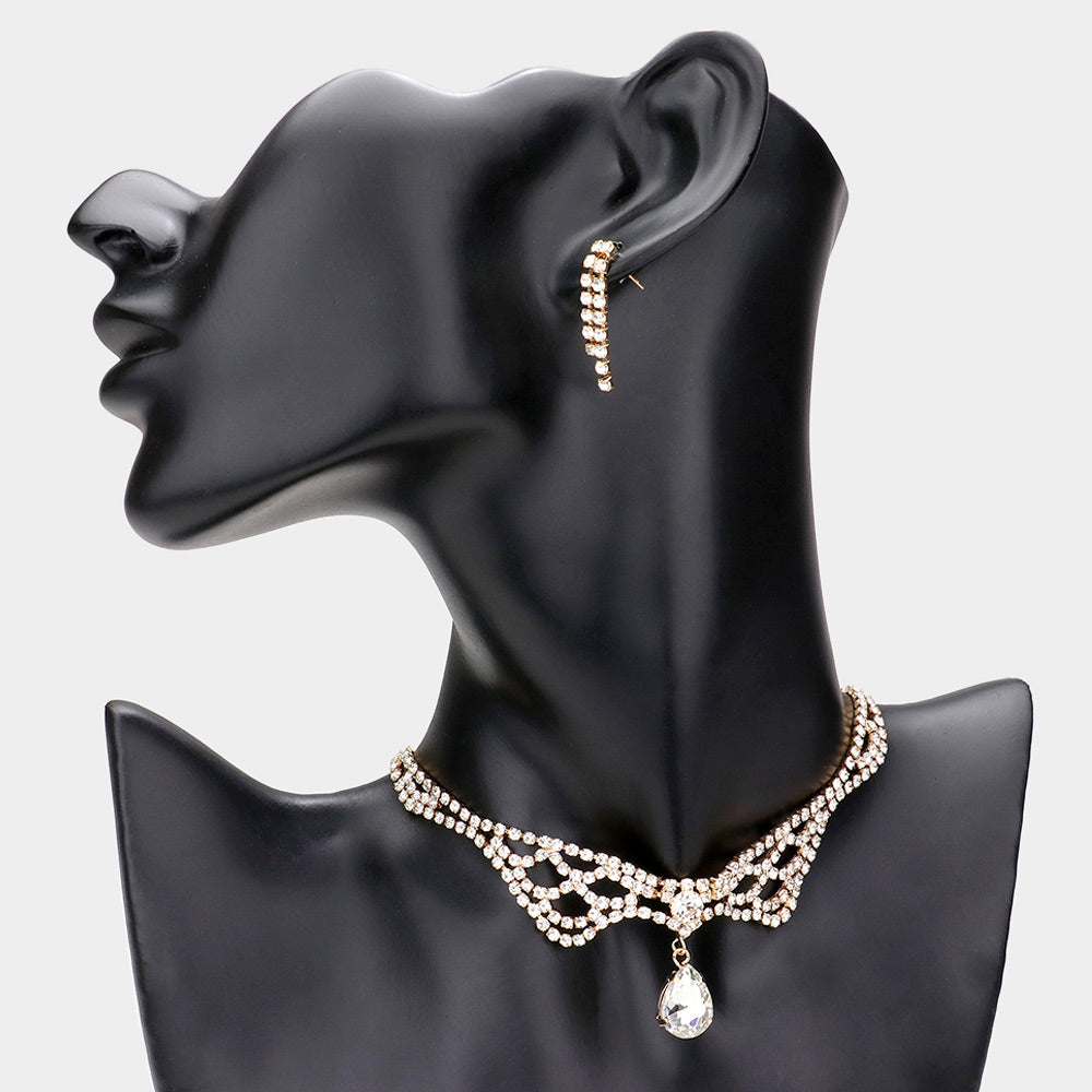 Madeline Love Gold Teardrop Stone Dangle Rhinestone Choker Necklace - Necklaces