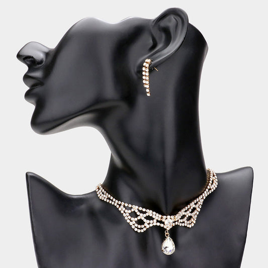 Madeline Love Gold Teardrop Stone Dangle Rhinestone Choker Necklace - Necklaces