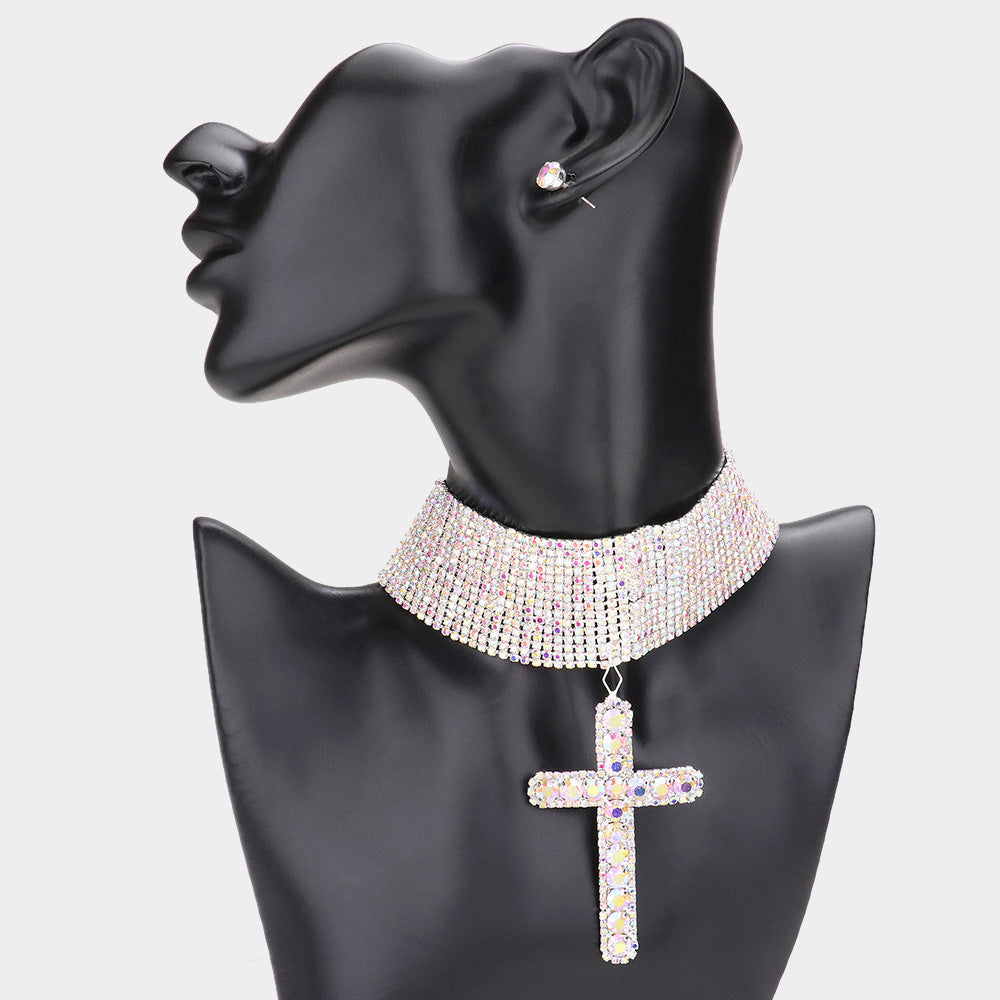 Madeline Love AB, Silver Bubble Stone Cross Pendant Evening Choker Necklace
