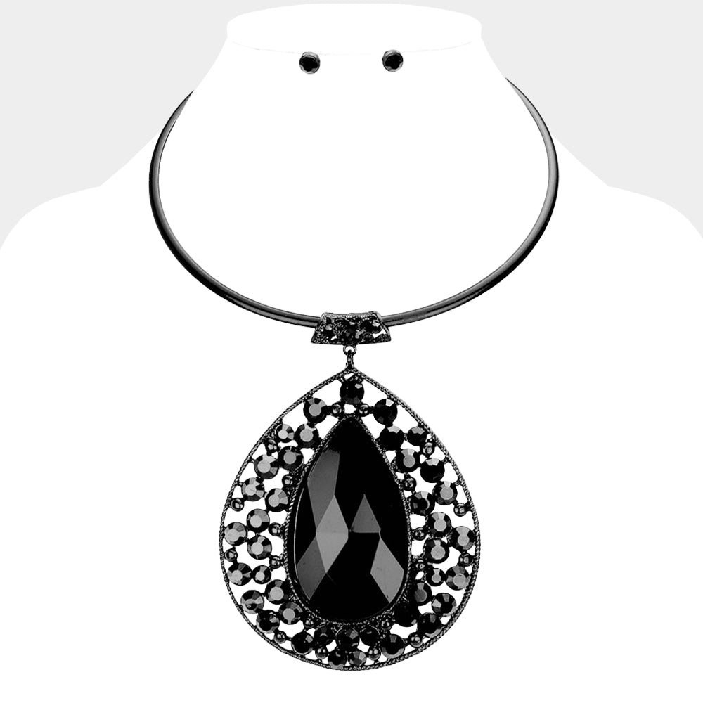 Madeline Love Jet Black Teardrop Centered Bubble Stone Cluster Choker Evening Necklace - Necklaces