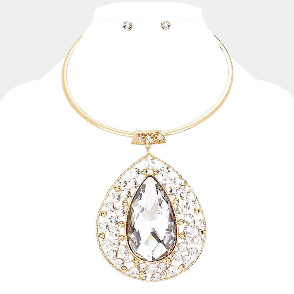 Madeline Love Gold Teardrop Centered Bubble Stone Cluster Choker Evening Necklace - Necklaces