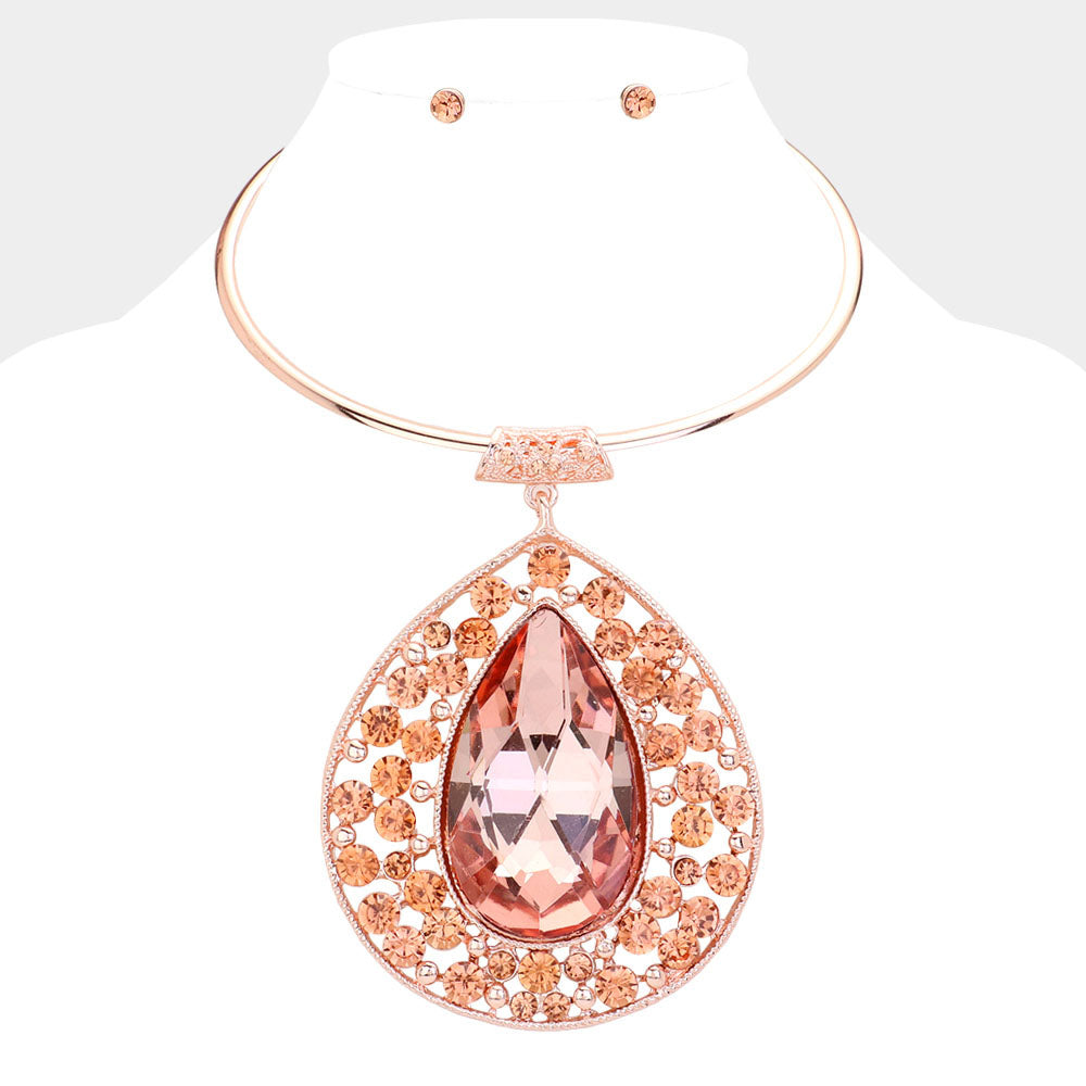 Madeline Love Peach, Rose Gold Teardrop Centered Bubble Stone Cluster Choker Evening Necklace - Necklaces