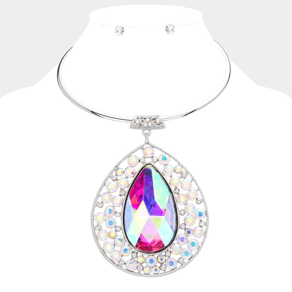 Madeline Love AB, Silver Teardrop Centered Bubble Stone Cluster Choker Evening Necklace - Necklaces