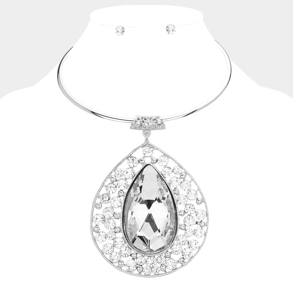 Madeline Love Clear, Silver Teardrop Centered Bubble Stone Cluster Choker Evening Necklace - Necklaces