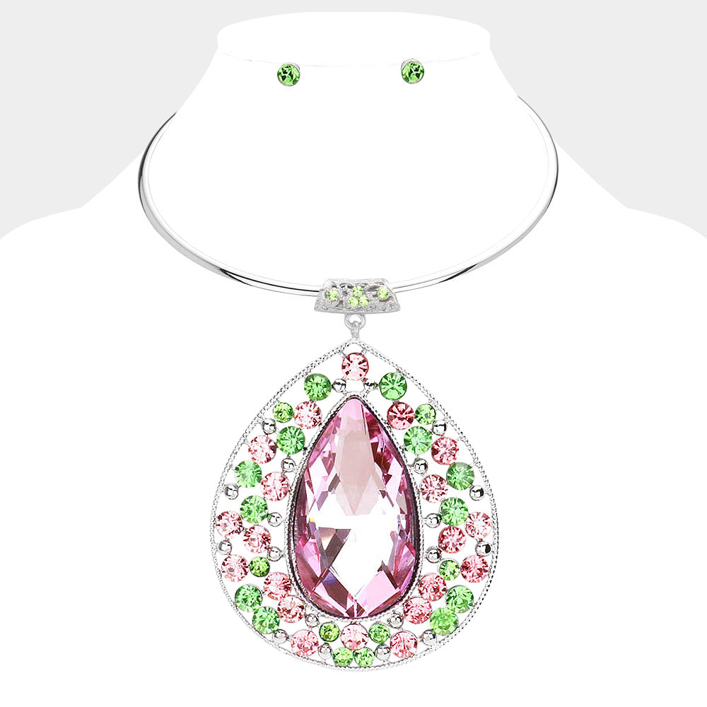 Madeline Love Pink&Green Teardrop Centered Bubble Stone Cluster Choker Evening Necklace - Necklaces
