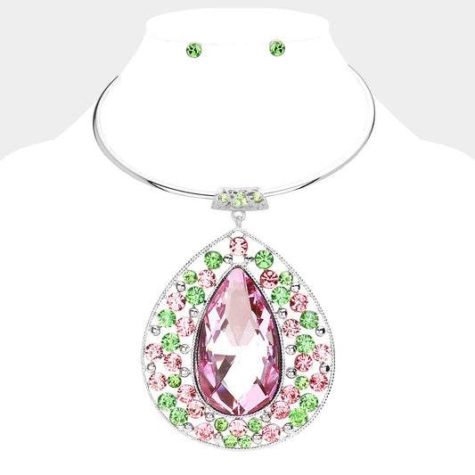 Madeline Love Pink&Green Teardrop Centered Bubble Stone Cluster Choker Evening Necklace - Necklaces